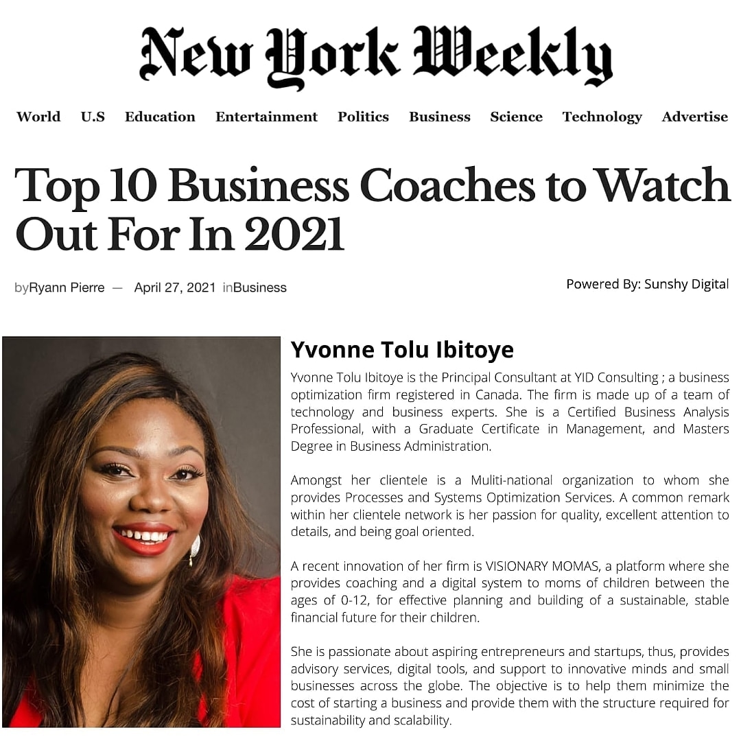 New York Weekly article naming Yvonne Tolu Ibitoye among the Top 10 Business Coaches to Watch Out For in 2021