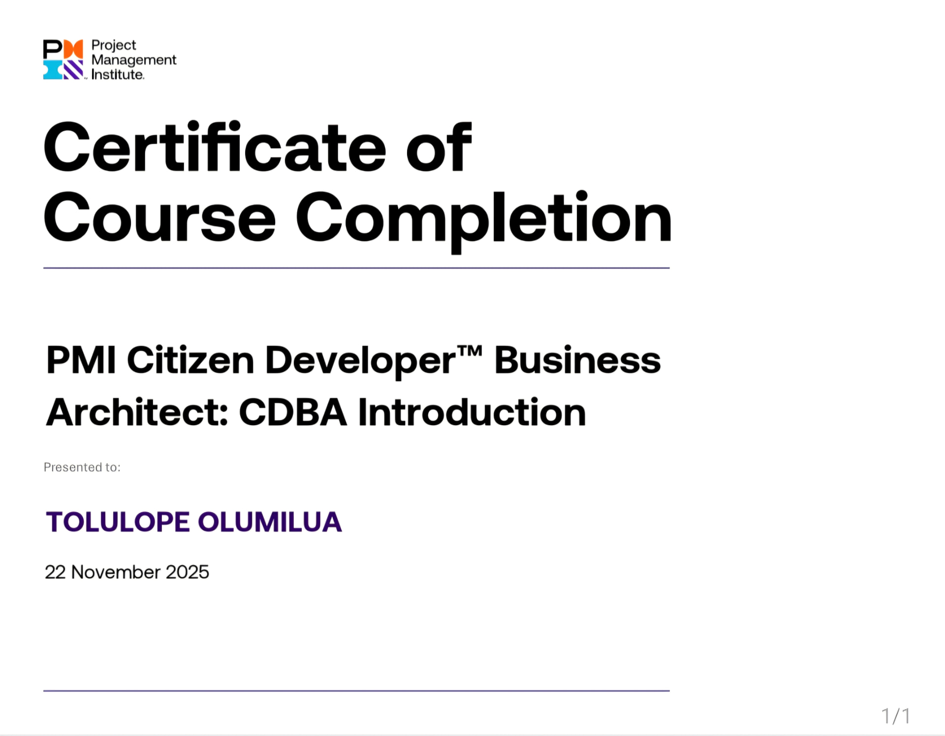 PMI Citizen Developer Business Architect CDBA Introduction Certificate