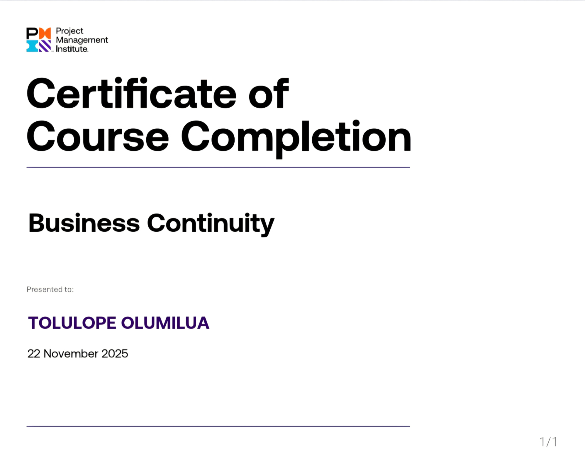 PMI Business Continuity Certificate of Course Completion